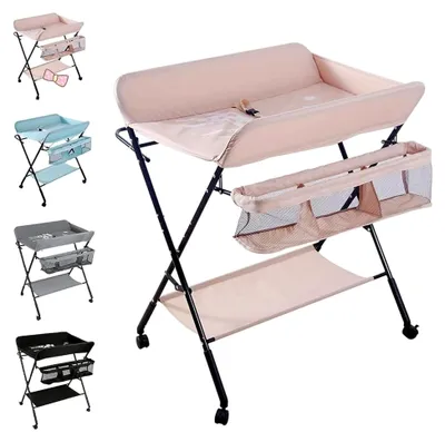 Produktbild von Wickeltisch mit Badewanne, 2-in-1, für Babys von Geburt bis 12 Monate (bis 25 kg), faltbar und tragbar, mit 4 Rollen (Rosa)