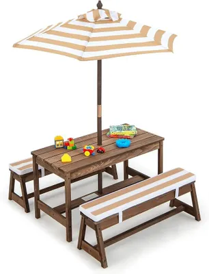 Image de Table de pique-nique pour enfants, ensemble de sièges pour enfants avec bancs, coussins et parasol, ensemble de sièges pour enfants en bois pour l'extérieur, banc d'extérieur pour enfants, ensemble de table et chaises pour le jardin, mobilier de jardin pour jardin, terrasse et balcon