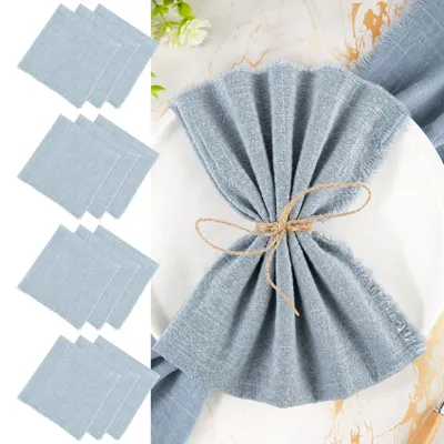 Image de Lot de 12 serviettes en coton bleu avec franges