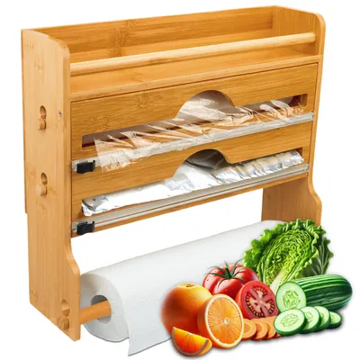 Image de Porte-rouleau de cuisine en bois VON STEINEICH® [sans perçage] - Porte-rouleau mural pour papier essuie-tout, papier d'aluminium et film alimentaire - Organisateur de cuisine