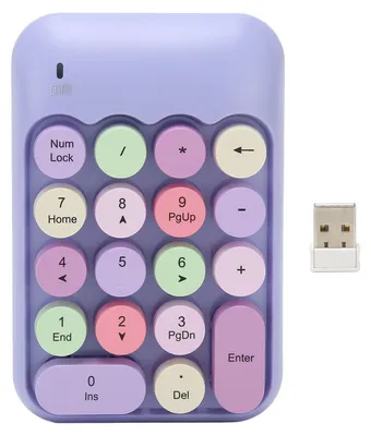 Obrázek produktu pro Bezdrátová numerická klávesnice 2,4 GHz, 18 kláves, retro barva, kulaté klávesy, mini numerická klávesnice s USB přijímačem pro notebook, fialová
