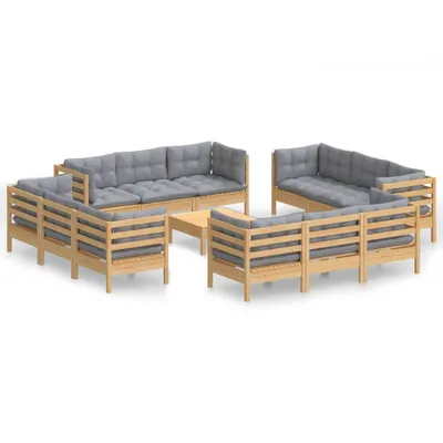 Produktbild von vidaXL 13-tlg. Garten-Lounge-Set mit Grauen Kissen Kiefernholz