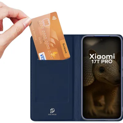 Zdjęcie produktu dla Etui Dux Ducis Skin Pro do serii Xiaomi 17T Pro, w kolorze granatowym, z przegródką na karty i funkcją stojaka