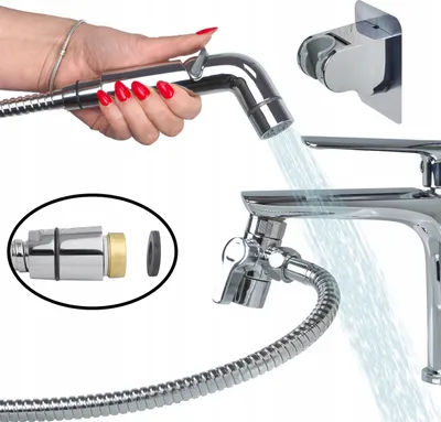 A collage showing a hand holding a bidet sprayer, a faucet with water spraying, and a close-up of an adapter.