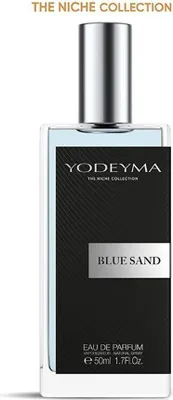 A studio shot of a Yodeyma Blue Sand Eau de Parfum bottle.