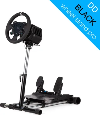 A black and silver racing wheel stand with pedals and a steering wheel, shown on a white background.