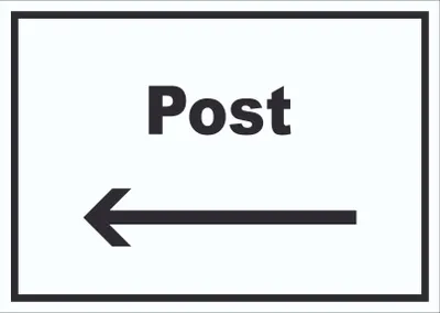 Produktbild von Post Schild mit Text und Richtungspfeil links Annahme Brief Paket waagerecht A6 Rückseite selbstklebend