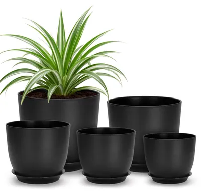 Immagine prodotto di Vasi da fiori con sottovaso, set da 5, in plastica nera, da 11,5 a 17,8 cm, per piante da interno