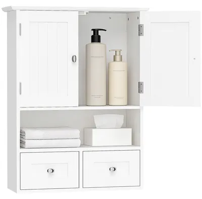 Immagine prodotto di kleankin Armadietto Pensile Bagno a 2 Ante con Ripiano Aperto e 2 Cassetti in Legno, Bianco