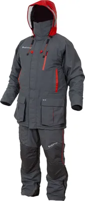 A full-body view of a gray and red winter suit, consisting of a jacket and pants, displayed against a white background.