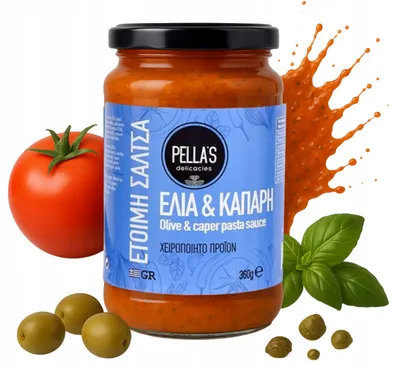 Produktbild von Pella’s Tomatensauce mit Oliven & Kapern 360 g – Mediterrane Griechische Sauce für Pasta, Pizza & mehr