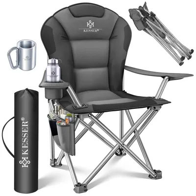 Produktbild von KESSER® Campingstuhl faltbar bis 150 kg Angelstuhl Faltstuhl Klappstuhl Gepolstert mit Armlehnen, Getränkehalter + Tasche mit hoher Rückenlehne, Strandstuhl, Klapphocker