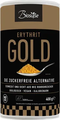 A product container for Erythrit Gold, a sugar-free alternative.