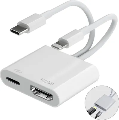 Produktbild von Kabeladapter Lightning auf HDMI, Typ-C-Doppelkabel, 1080P HDMI Adapter für iPhone, iPad, Audio- und Video-Synchronisation