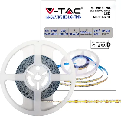 Immagine prodotto di V-TAC VT-2835 Striscia 238led/m 24V 18W/m SMD2835 135lm/W 5M bianco naturale 4000K IP20- SKU 212600