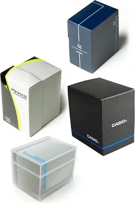 Four different watch boxes are displayed against a white background.