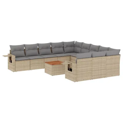 Produktbild von Modulares Garten-Sofa-Set, 12-tlg. Loungemöbel mit Stauraum, PE-Rattan Beige, Akazienholz-Tisch, Hellgraue Kissen