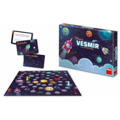 A board game box, game board, and cards are arranged on a white background.