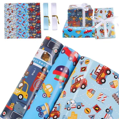 Produktbild von Geschenkpapier Junge Fahrzeug 3 Blatt 50x70cm Blau mit Geschenkanhängern und Band