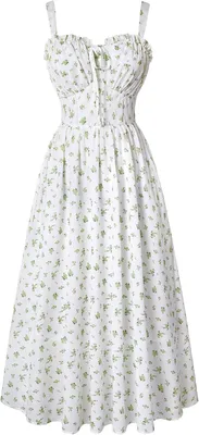 Productafbeelding van Dames bloemenjurk in A-lijn, midi-lengte, mouwloos met spaghettibandjes, groene bloemenprint