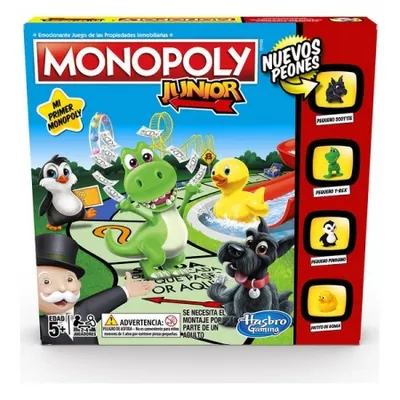 The image shows the front of the Monopoly Junior board game box, featuring cartoon characters and game elements.