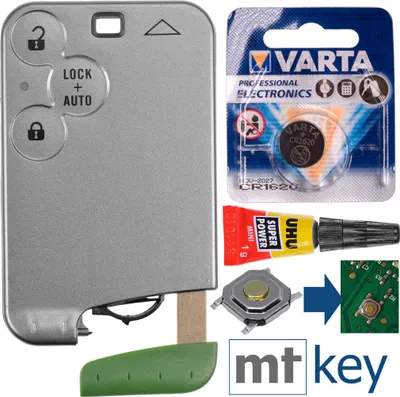 Produktbild von Reparatur Satz Autoschlüssel Karte Smartkey Austausch Gehäuse mit 3 Tasten + Notschlüssel Rohling + Drucktaste + Batterie kompatibel mit Renault Laguna 2 Espace 4 Vel Satis