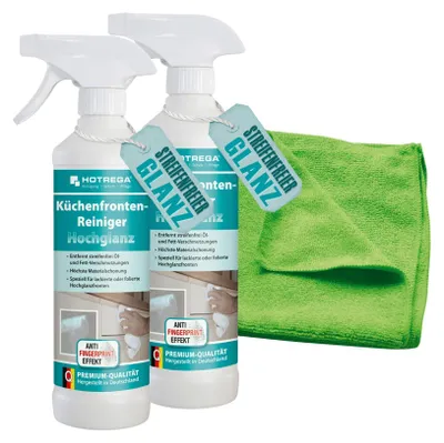 Produktbild von HOTREGA Küchenfronten Reiniger Hochglanz 2x 500ml | fettlösend & streifenfrei | für lackierte und glänzende Oberflächen | inkl. Microfasertuch