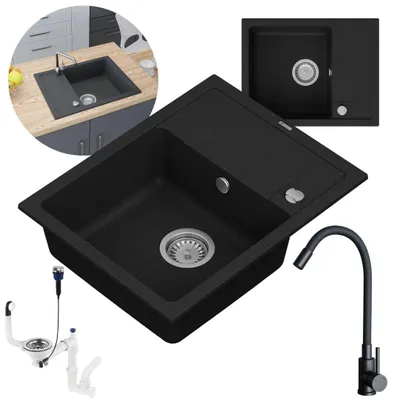 Produktbild von GRANMASTER SMART Granitspülbecken Komplett-Set mit Schwarzer Küchenarmatur aus Edelstahl und Silikon, Automatischem Syphon und Imprägniermittel