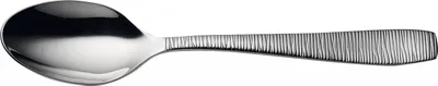 A single silver spoon on a white background.
