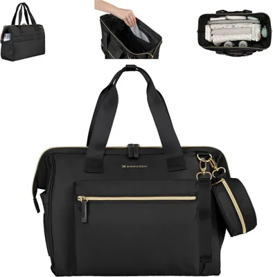 A collage of images showing a black diaper bag from different angles, including its interior and a small attached pouch.