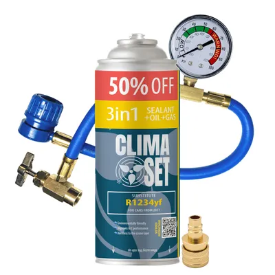 Obrázek produktu pro Sada klimatizace do auta 3v1 R1234yf 470 g, hadice s manometrem, adaptér