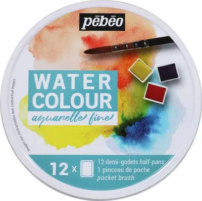 Image de Boîte de 12 demi-godets à aquarelle + pinceau à eau