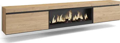A modern, wall-mounted TV cabinet with a built-in electric fireplace.