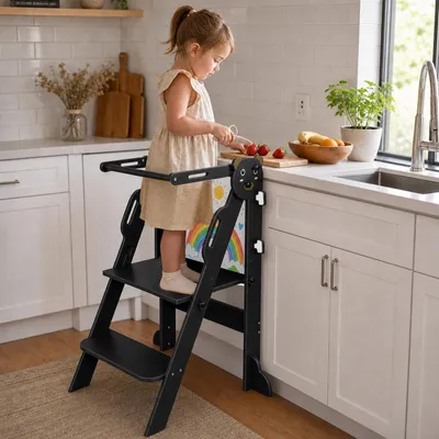 Produktbild von Lernturm mit Tafel für Kinder,Faltbarer Learning Tower aus Holz,Montessori Entdeckerturm Stehhilfe Küchenhelfer Tritthocker für Küche/Arbeitsplatte