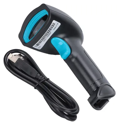 Image de Lecteur de codes-barres portable à 360°, étanche à la poussière et à l'eau, sans fil, compatible QR Code, avec connexion USB (noir/bleu)