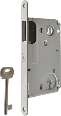 A lock mechanism and a key are shown against a white background.
