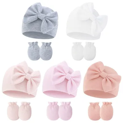 Produktbild von Sets für Neugeborene, Mädchen, Kleinkinder, aus Baumwolle, mit Schleife, Mütze, Kleinkindermütze, Baby-Mütze, Wintermütze für Mädchen und Jungen