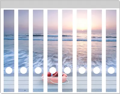 Produktbild von Wallario Ordnerrücken Sticker, selbstklebend für schmale Ordner, 8 Stück, Motiv Rettungsring am Strand bei Sonnenuntergang
