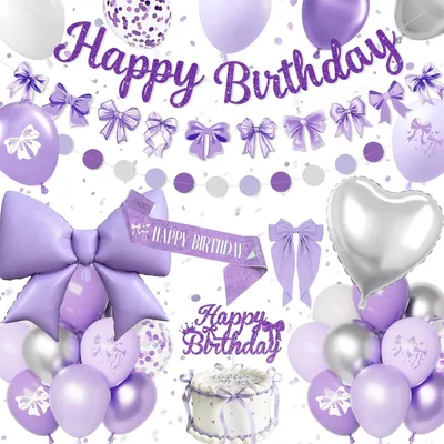 Productafbeelding van Decoratieve ballon paars zilver - Verjaardagsdecoratie strik - Verjaardagsdecoratie meisjes vrouwen met Happy Birthday