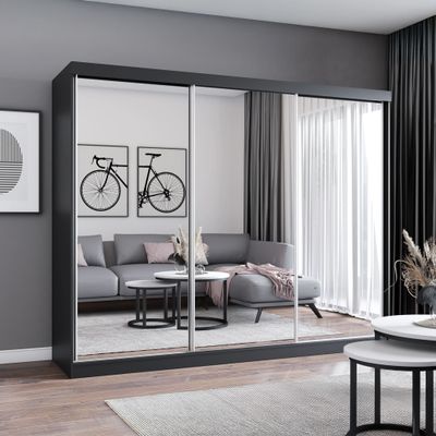 Schwebetürenschrank Kleiderschrank Schrank 250cm Schwarz/Schwarz mit drei Spiegeln MILAN