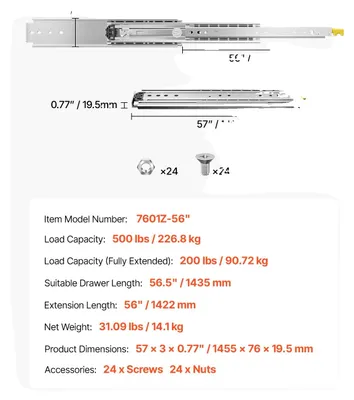 Produktbild von Schubladenschienen, Vollauszug, Doppelte Verriegelungsmechanismus, 56 Zoll