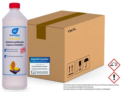 Produktbild von KaiserRein Toilettenspülkasten Express-Entkalker 12 x 1L Entkalker Kalklöser extra stark zur Entfernung hartnäckiger Kalkablagerungen in WC, Spülkästen und Keramik.
