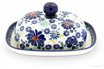 Produktbild von Bunzlauer Keramik kleine Butterdose Butterglocke Butterbehälter oval für 125g (1/2 Stück Butter) 16x12x8 cm Dekor DU126