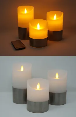 Produktbild von 3x LED echtwachs Kerzen weiß mit Silberring flammenlos Fernbedienung Stumpenkerze