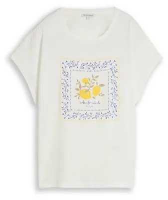 Produktbild von Tom Tailor T-Shirt aus Material-Mix mit Print und kurzen Seitenschlitzen