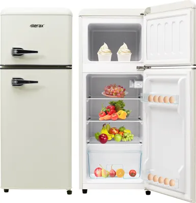 Produktbild von Merax Kühlschrank Retro Kühl-/Gefrierkombination BCD-102, Vintage Kühlschrank mit Metall Türgriff, verstellebaren Ablage und Füße, Doppeltür und LED-Beleuchtung, 101 cm hoch, 41 cm breit, 92 L, Weiß