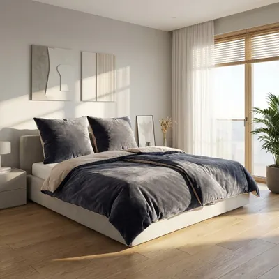 A bedroom scene with a bed, nightstand, and window.