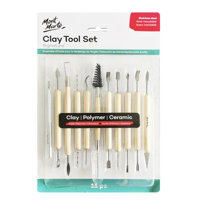 Produktbild von Mont Marte Modellierwerkzeug, Set mit 11 x Modellier-Werkzeug für Ton, zum Schnitzen, Glätten & mehr, Holzgriffe mit langlebiger Stahlspitze