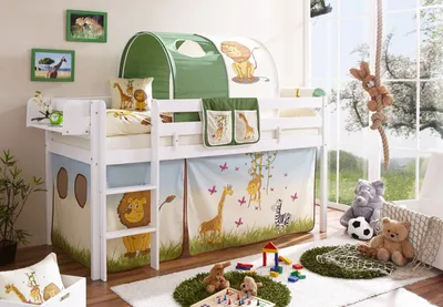 Produktbild von Hochbett Spielbett Malte Kiefer massiv Weiss, Vorhangstoff:Safari