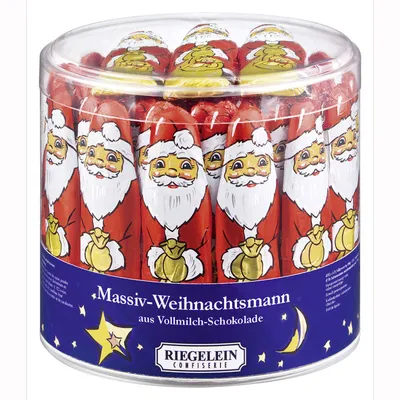 A clear, well-lit studio shot of a cylindrical container filled with individually wrapped chocolate Santas.